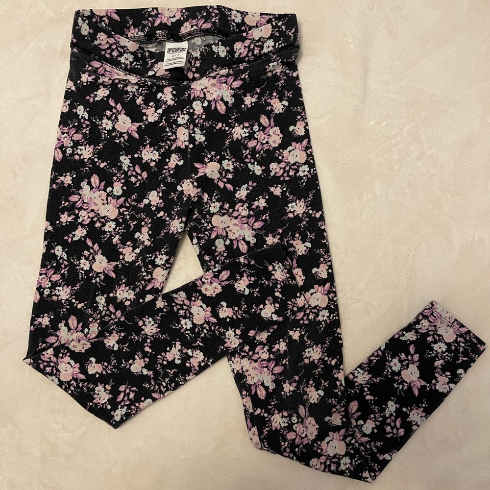 Victoria's Secret PINK Black Floral Logo Embroidered Cozy Leggings S
